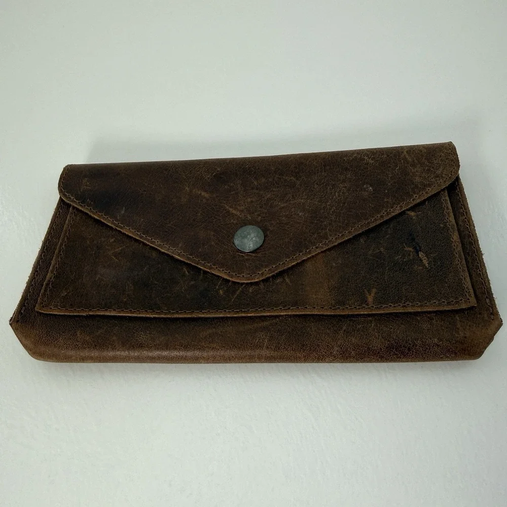 Hide & Drink Full Grain Leather Envelope Wallet Clutch Snap Brown Rustic Pouch
